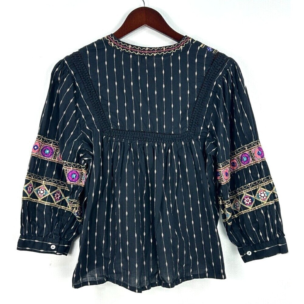 Ultra Pink Women L Top Black Gold Embroider Puff Sleeve Tassel Boho Festival N1 - Picture 7 of 12